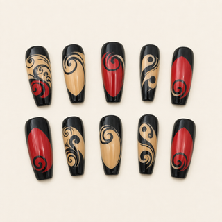 Crimson Gothic Swirl press-on nail set flat lay