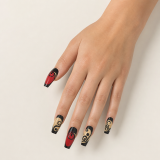 Crimson Gothic Swirl red black and beige press-on nails worn on hand