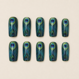 Imperial Plumage peacock feather press-on nail set flat lay