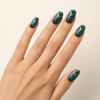 Imperial Plumage peacock feather press-on nails worn on hand
