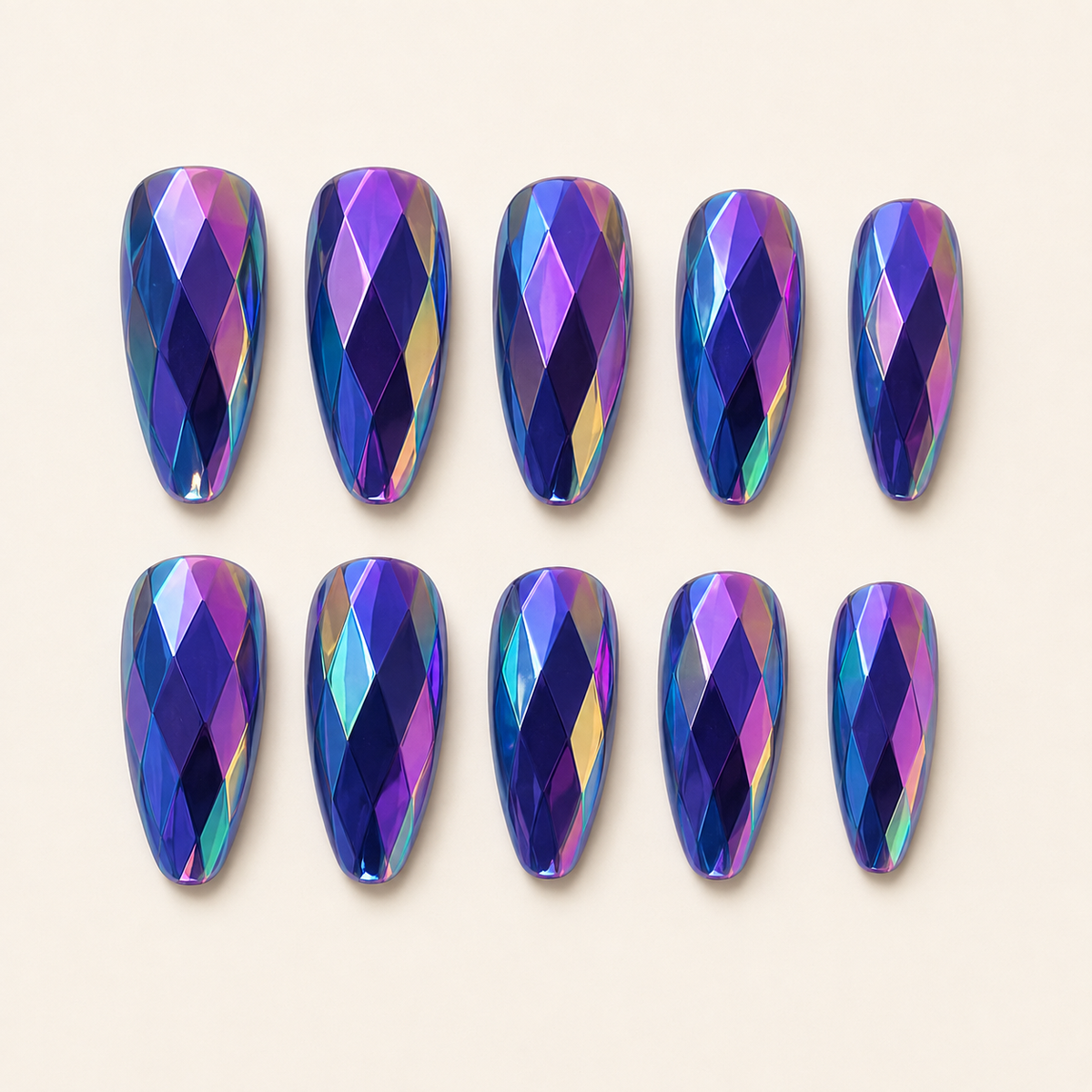 Midnight Prism 3D faceted press-on nail set flat lay