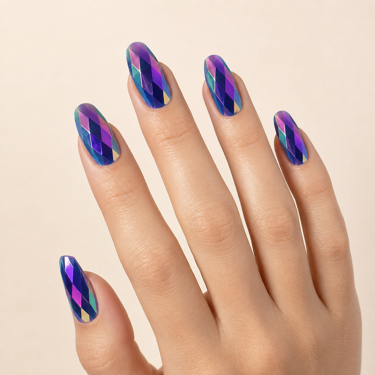 Midnight Prism 3D iridescent press-on nails worn on hand