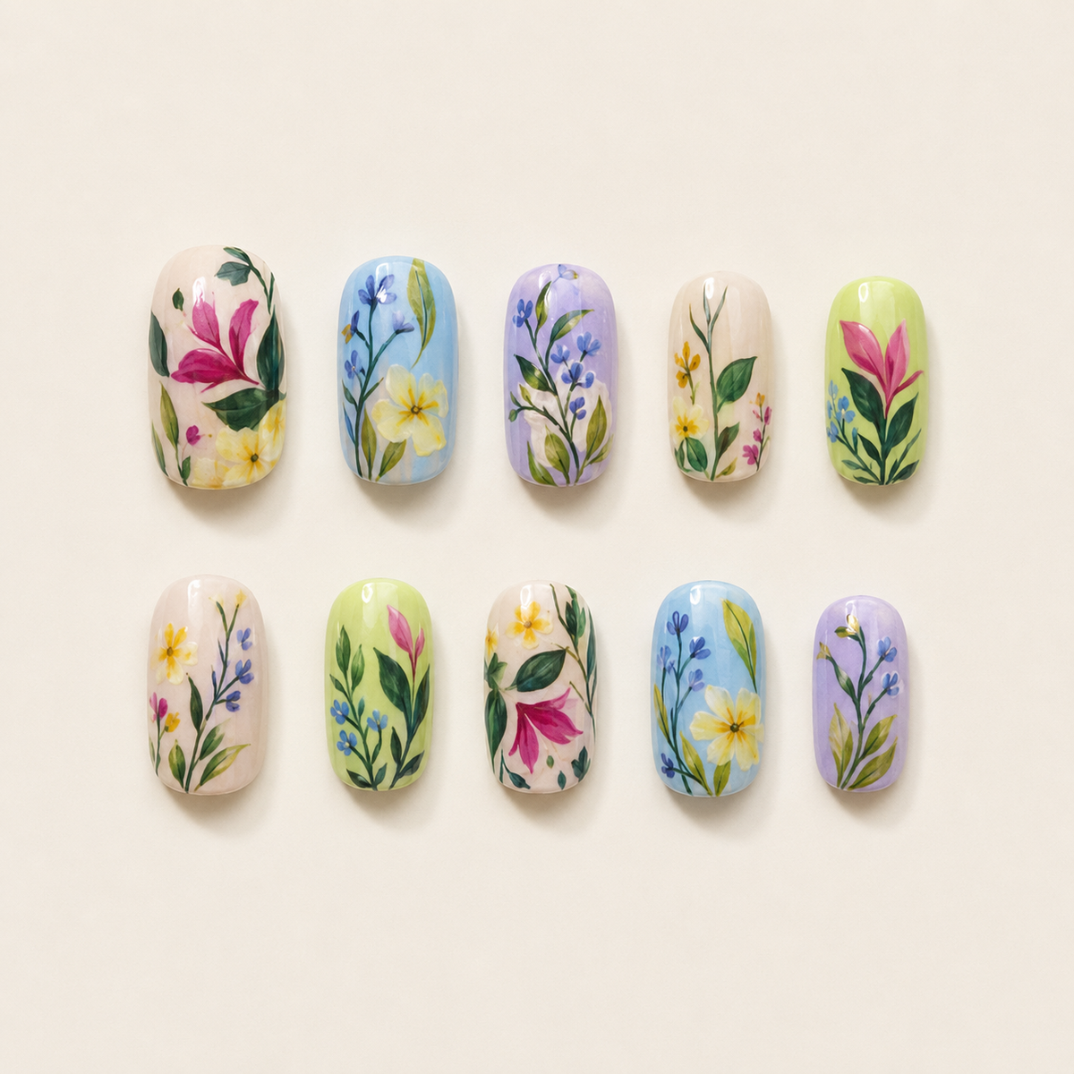 Secret Garden pastel floral press-on nail set flat lay