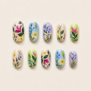 Secret Garden pastel floral press-on nail set flat lay