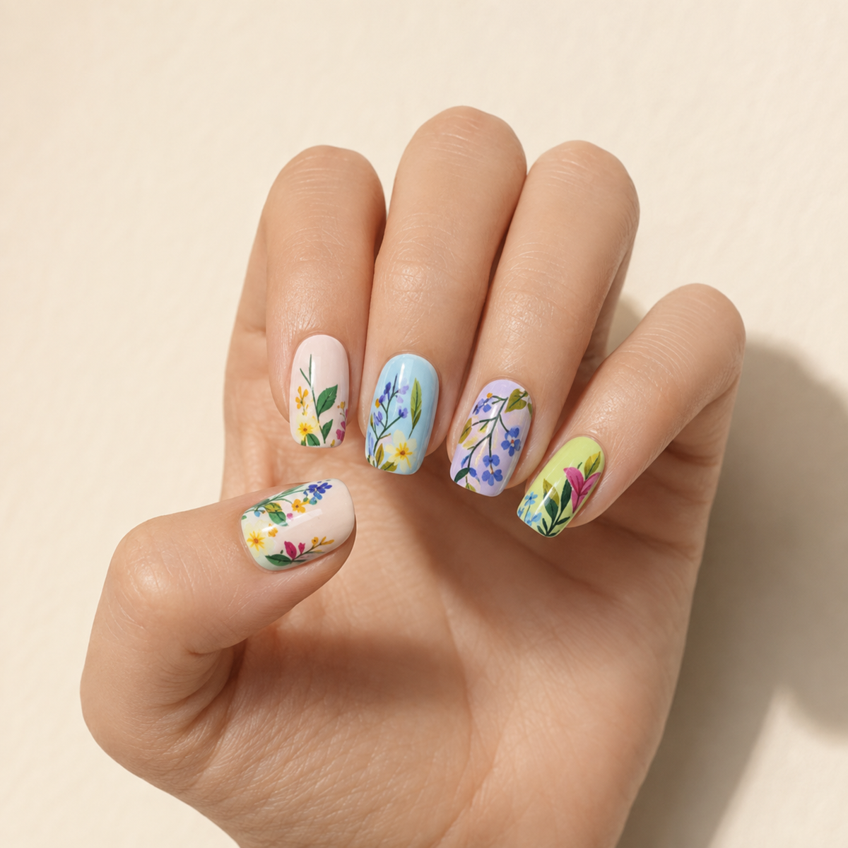 Secret Garden pastel floral press-on nails worn on hand
