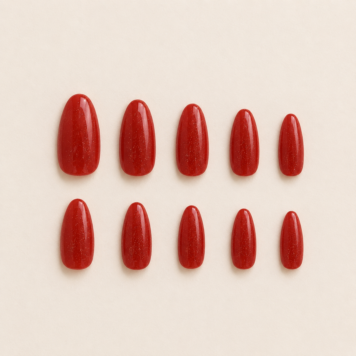 Ruby Shimmer | Red Glitter Almond Press-On Nails flat lay