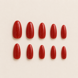 Ruby Shimmer | Red Glitter Almond Press-On Nails flat lay