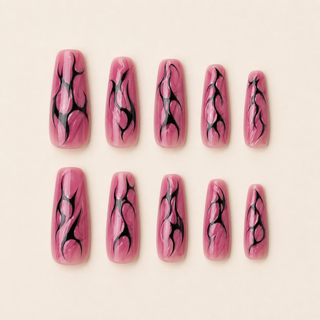 Cyber Grunge | Pink Aura & Black Tribal Press-On Nails flat lay