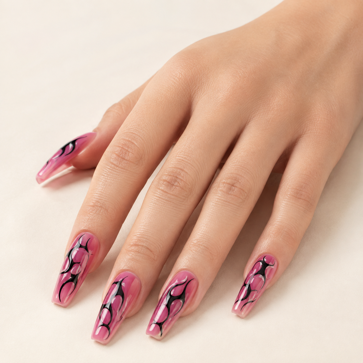Cyber Grunge | Pink Aura & Black Tribal Press-On Nails worn on hand