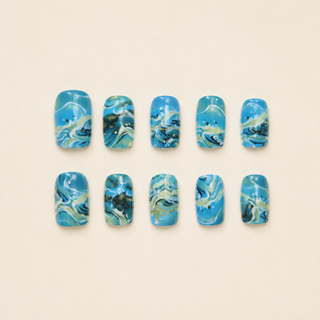 Deep Ocean Marble | Blue & Gold Press-On Nails flat lay