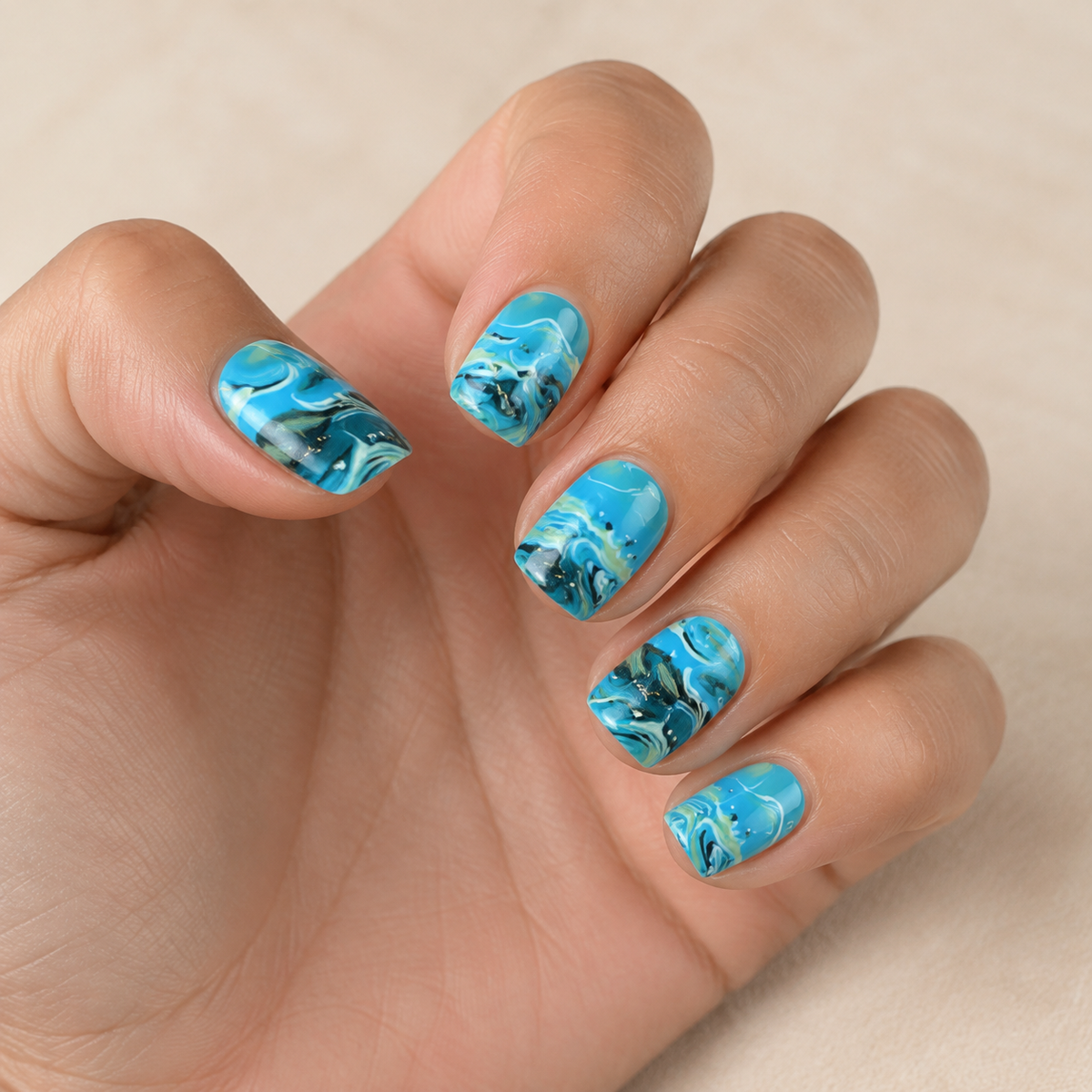 Deep Ocean Marble | Blue & Gold Press-On Nails worn on hand