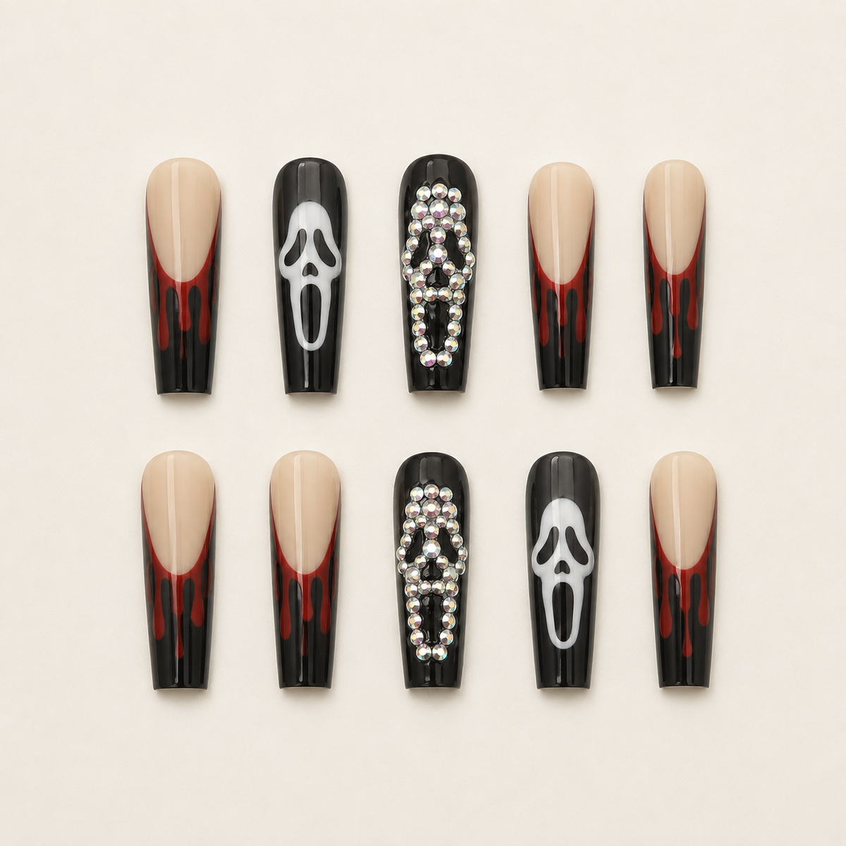 Ghostface Glam | Bloody French Tip Coffin Press-On Nails flat lay
