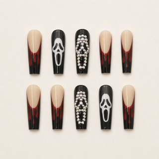 Ghostface Glam | Bloody French Tip Coffin Press-On Nails flat lay