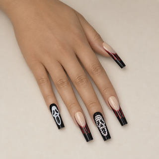 Ghostface Glam | Bloody French Tip Coffin Press-On Nails worn on hand