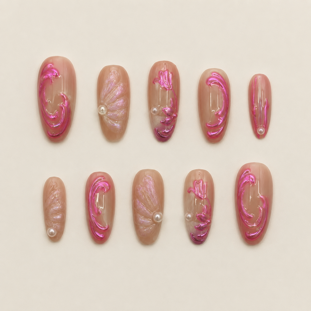 Cyber Fairycore | Pink Chrome & Pearl Press-On Nails flat lay