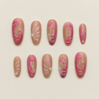 Cyber Fairycore | Pink Chrome & Pearl Press-On Nails flat lay