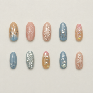 Angelic Cyber | Pastel Silver Tribal Press-On Nails flat lay