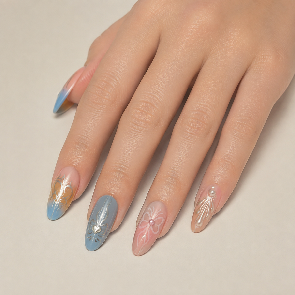 Angelic Cyber | Pastel Silver Tribal Press-On Nails worn on hand