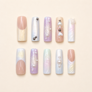 Pearl Fantasy | Pastel Ombre 3D Charm Press-On Nails flat lay