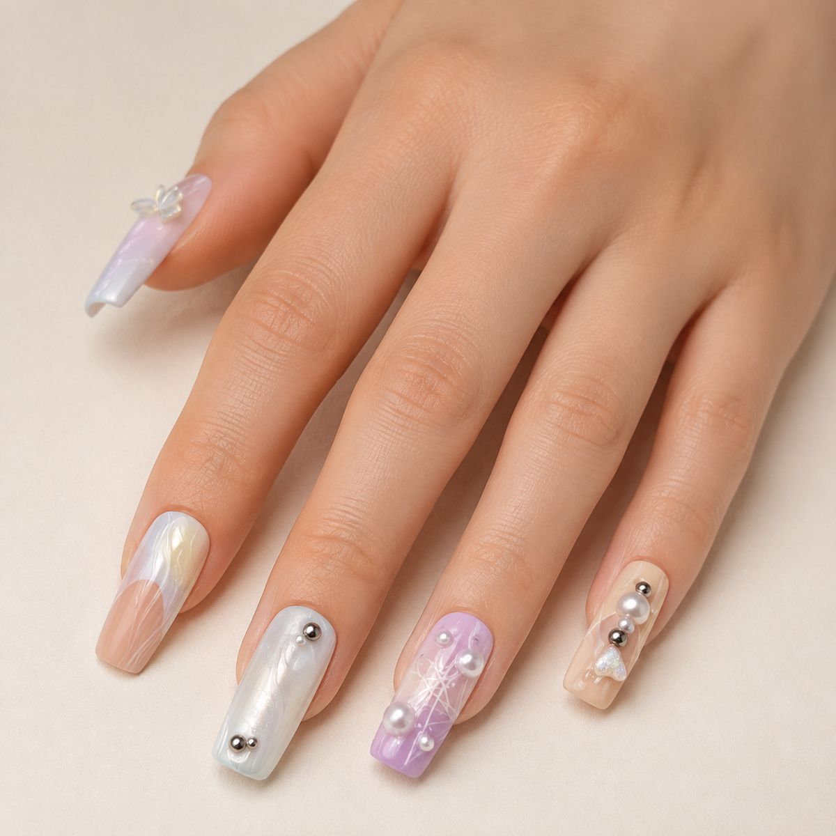 Pearl Fantasy | Pastel Ombre 3D Charm Press-On Nails worn on hand
