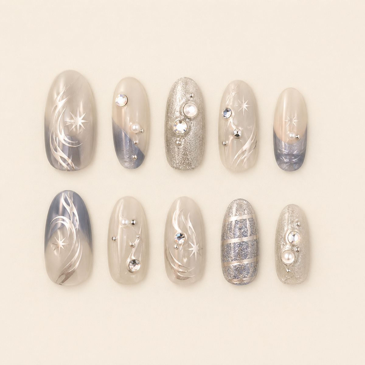Starlight Cyber | Silver Celestial Aura Press-On Nails flat lay