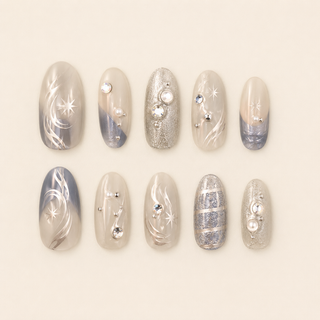 Starlight Cyber | Silver Celestial Aura Press-On Nails flat lay