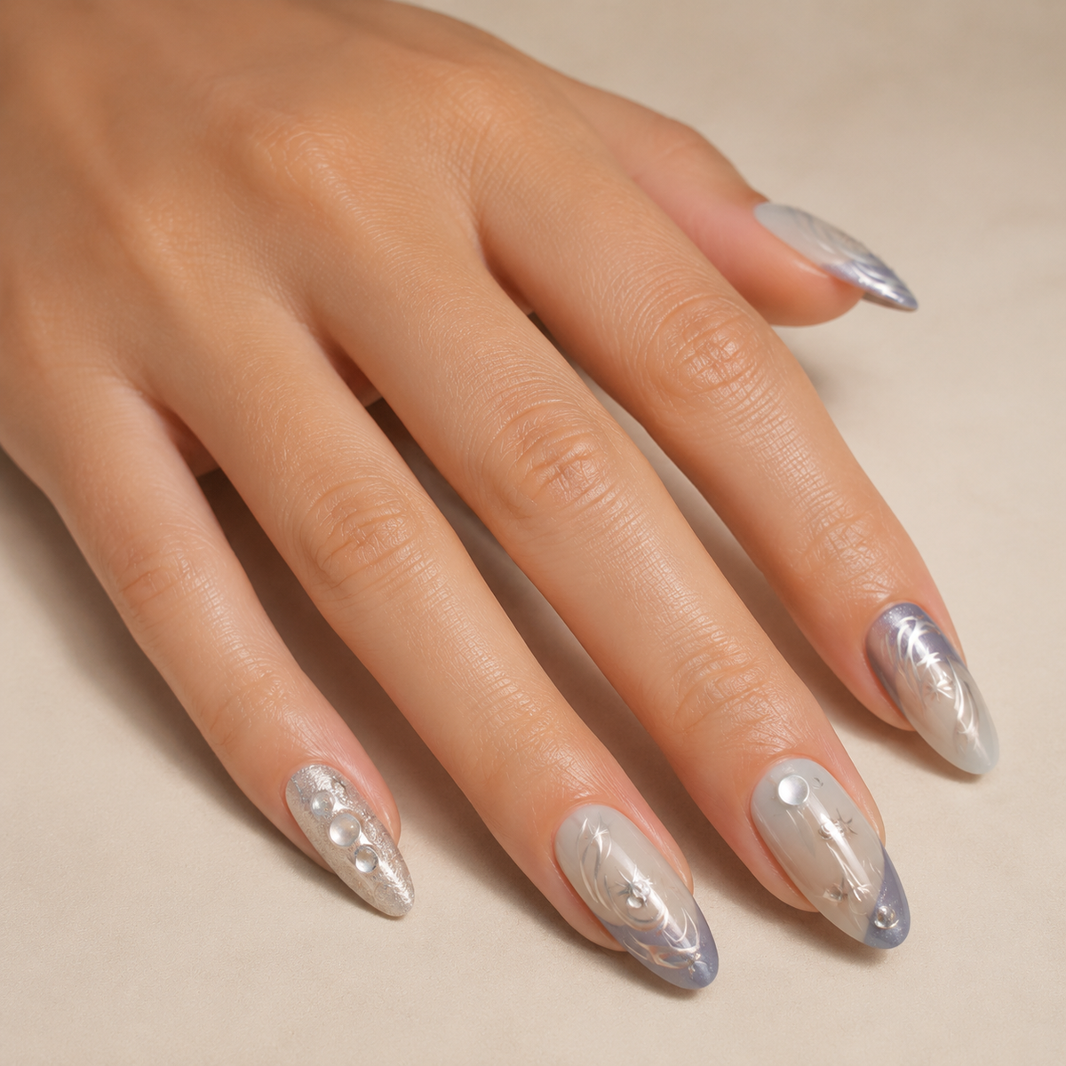 Starlight Cyber | Silver Celestial Aura Press-On Nails worn on hand
