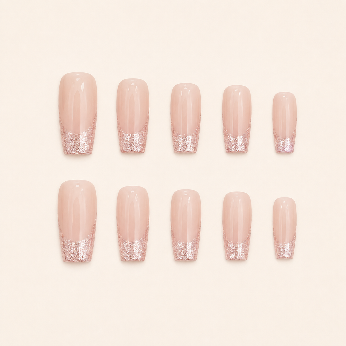 Blush Sparkle | Rose Gold Glitter French Press-On Nails flat lay
