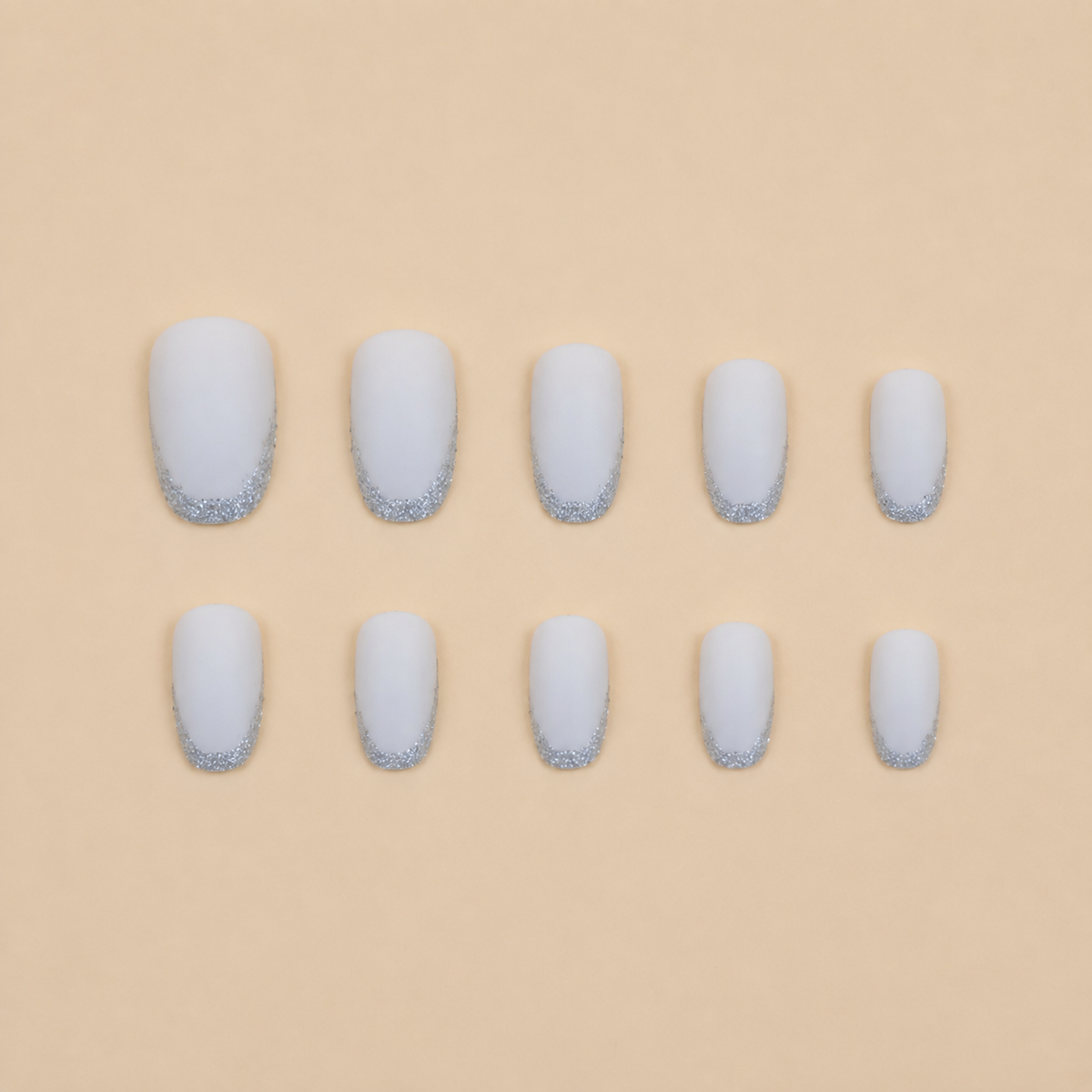 Frosted Glamour | Matte White Silver French Press-On Nails flat lay