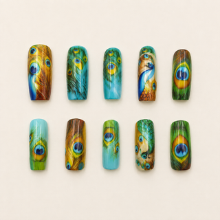 Peacock Plumage | Teal & Gold Feather Press-On Nails flat lay