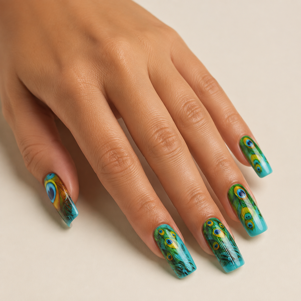 Peacock Plumage | Teal & Gold Feather Press-On Nails worn on hand