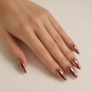 Sunset Prism | 3D Iridescent Rose Gold Press-On Nails worn on hand