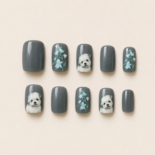 Puppy Bluebell | Dog & Blue Floral Grey Press-On Nails flat lay