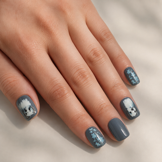 Puppy Bluebell | Dog & Blue Floral Grey Press-On Nails worn on hand