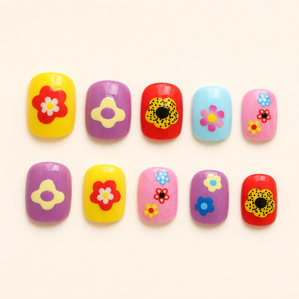 Groovy Garden | Retro Flower Kids Press-On Nails flat lay