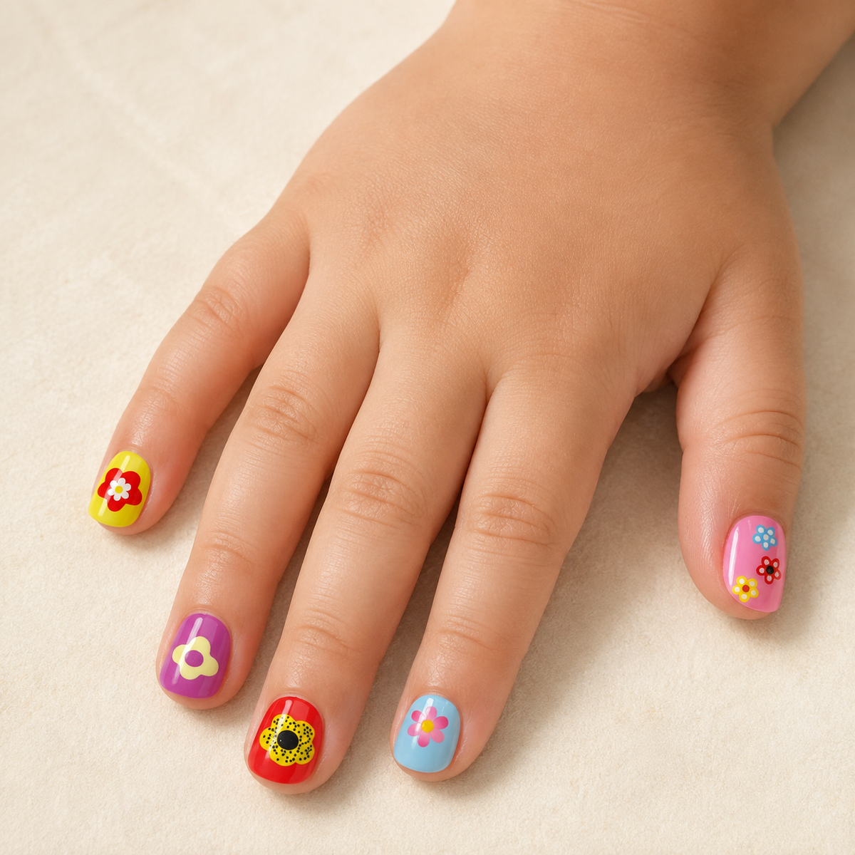 Groovy Garden | Retro Flower Kids Press-On Nails worn on a child's hand