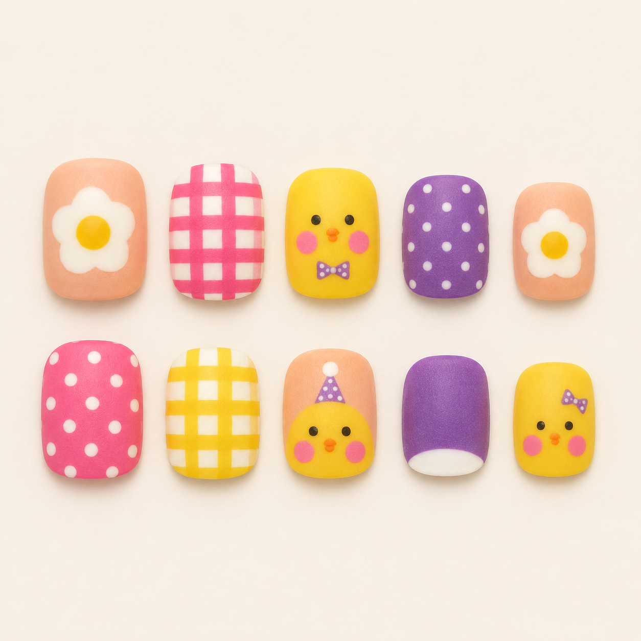 Breakfast Buddies | Chick & Egg Kids Press-On Nails flat lay