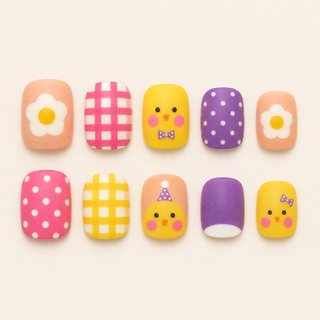 Breakfast Buddies | Chick & Egg Kids Press-On Nails flat lay