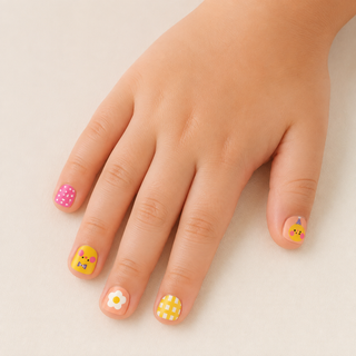 Breakfast Buddies | Chick & Egg Kids Press-On Nails worn on a child's hand
