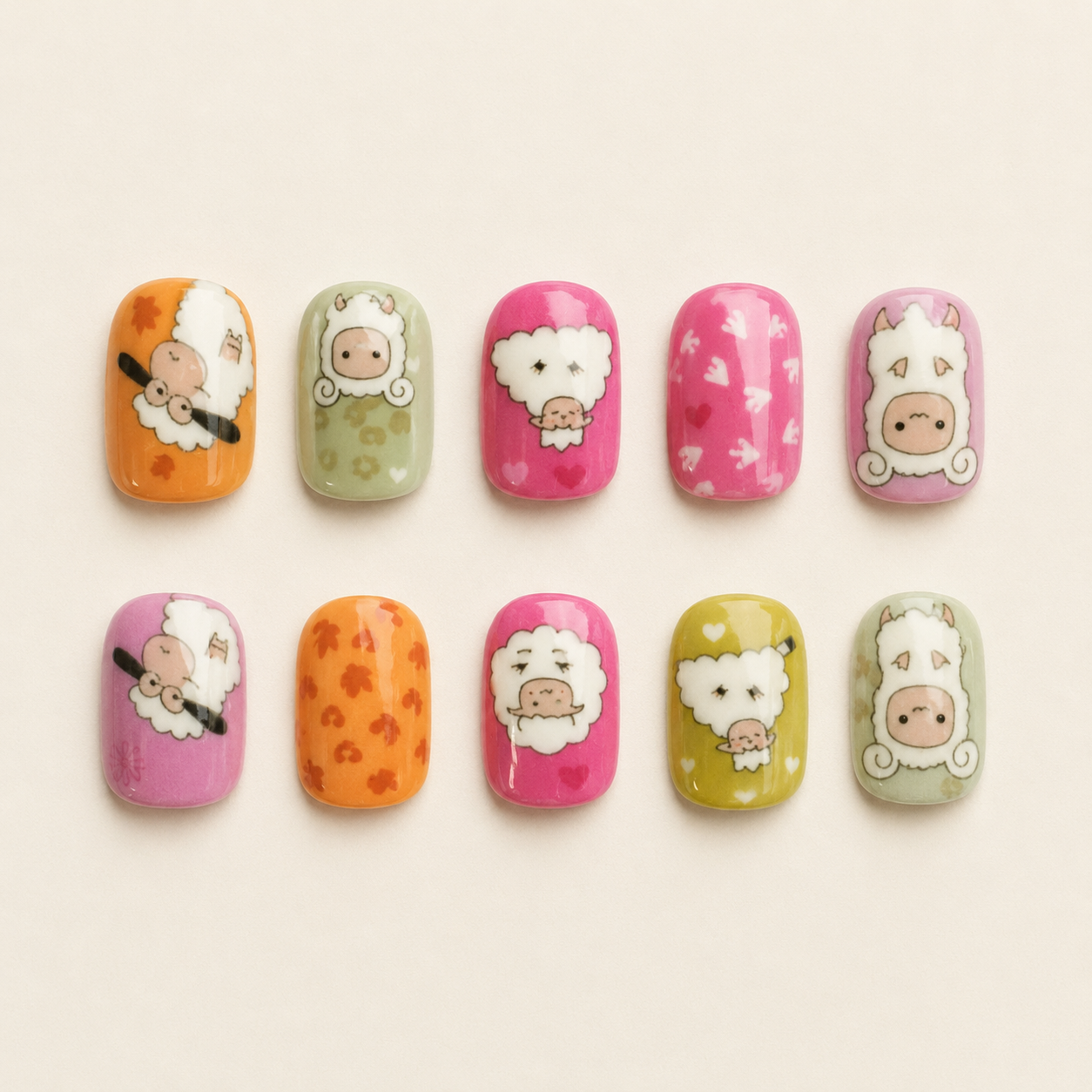 Fluffy Friends | Sheep & Lamb Kids Press-On Nails flat lay