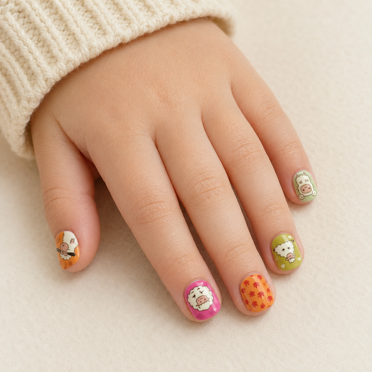 Fluffy Friends | Sheep & Lamb Kids Press-On Nails worn on a child's hand