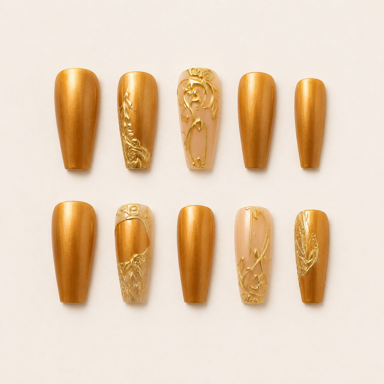 Gilded Baroque | Metallic Gold Filigree Press-On Nails flat lay