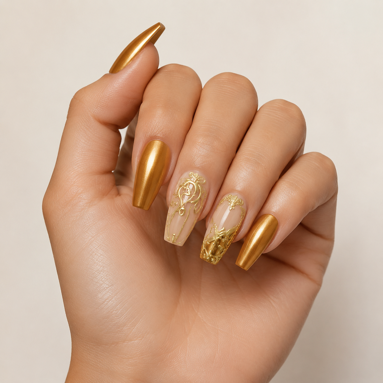 Gilded Baroque | Metallic Gold Filigree Press-On Nails hand shot