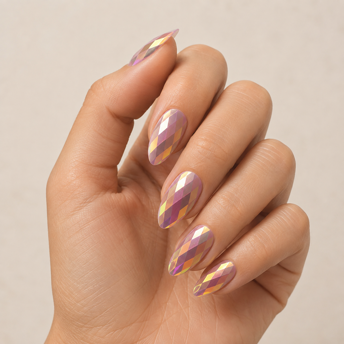 Rose Prism | Pink Holographic Faceted Press-On Nails hand shot