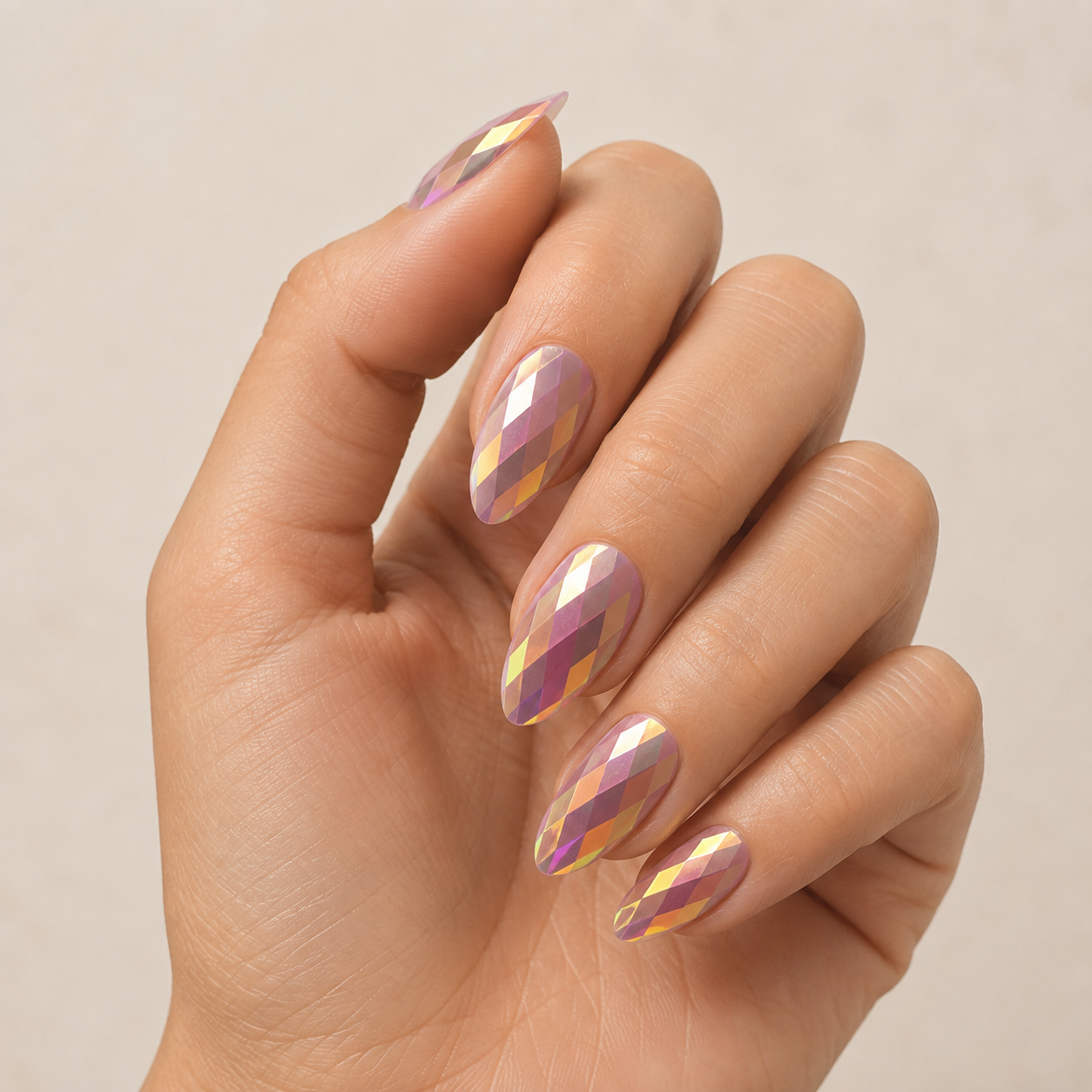 Rose Prism | Pink Holographic Faceted Press-On Nails hand shot
