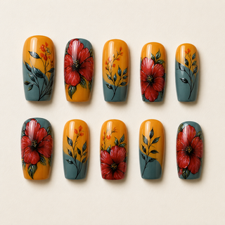 Tropical Hibiscus | Mustard & Slate Floral Press-On Nails flat lay