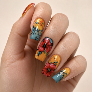 Tropical Hibiscus | Mustard & Slate Floral Press-On Nails hand shot