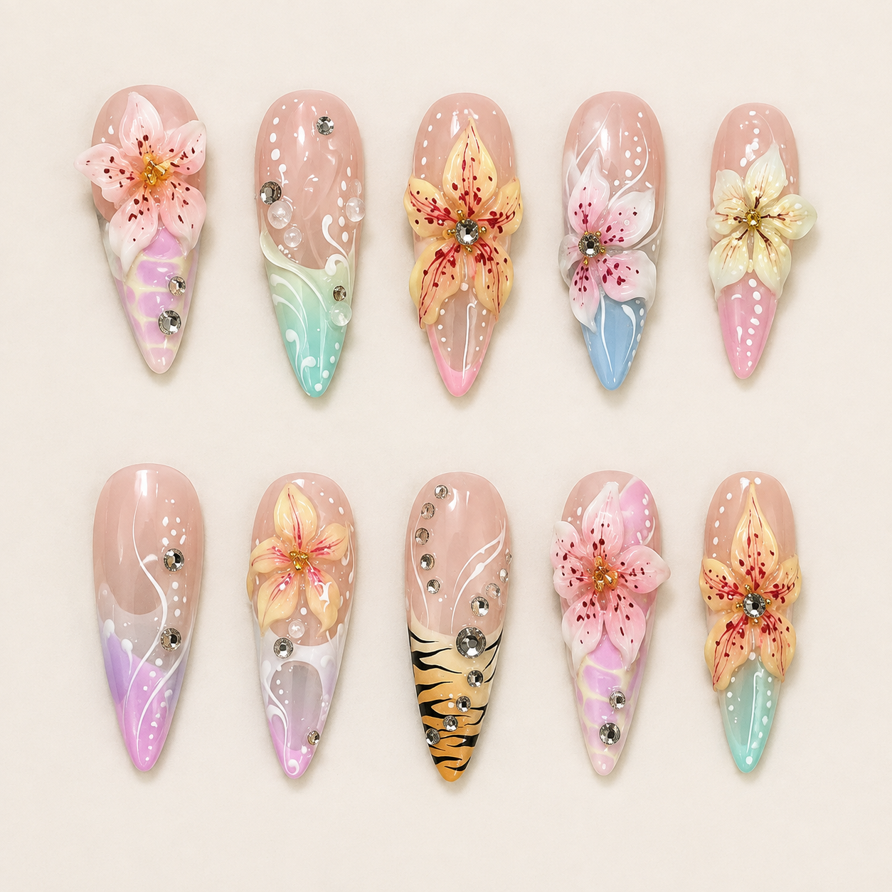 Island Fantasy | 3D Floral & Tiger Stiletto Press-On Nails flat lay