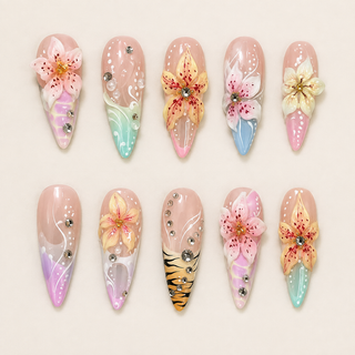 Island Fantasy | 3D Floral & Tiger Stiletto Press-On Nails flat lay