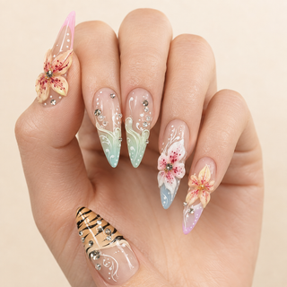 Island Fantasy | 3D Floral & Tiger Stiletto Press-On Nails hand shot